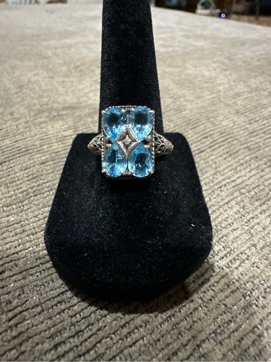 Vintage Art Deco Style Blue Topaz/aquamarine Tone Stmt Ring Silver Tone Sz 7 main image 2
